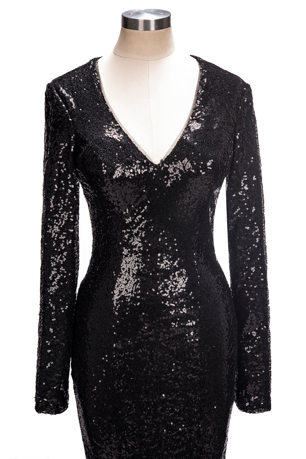 Robe de bal sirène longue à col en V et sequins noirs, manches longues