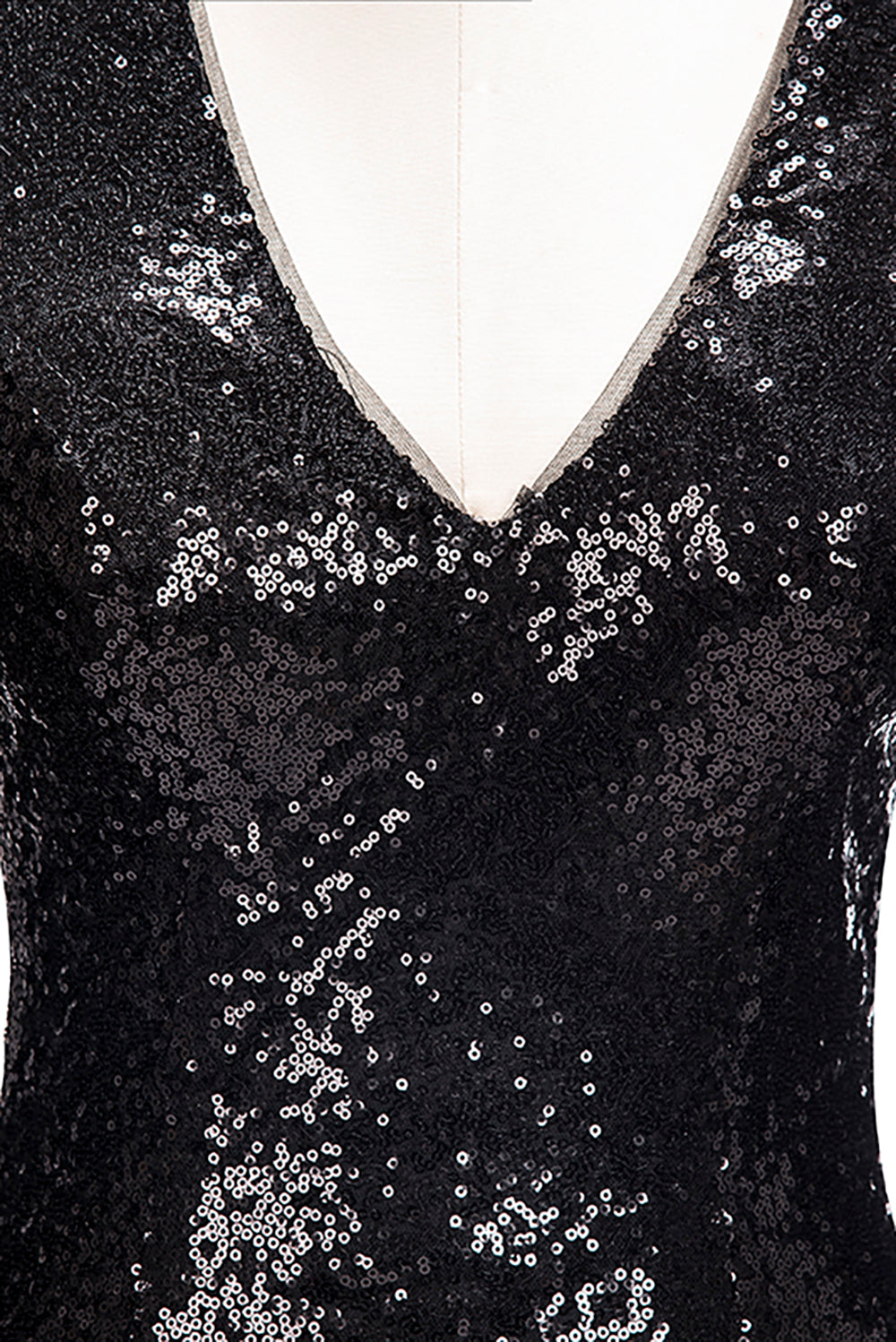 Robe de bal sirène longue à col en V et sequins noirs, manches longues