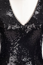Robe de bal sirène longue à col en V et sequins noirs, manches longues