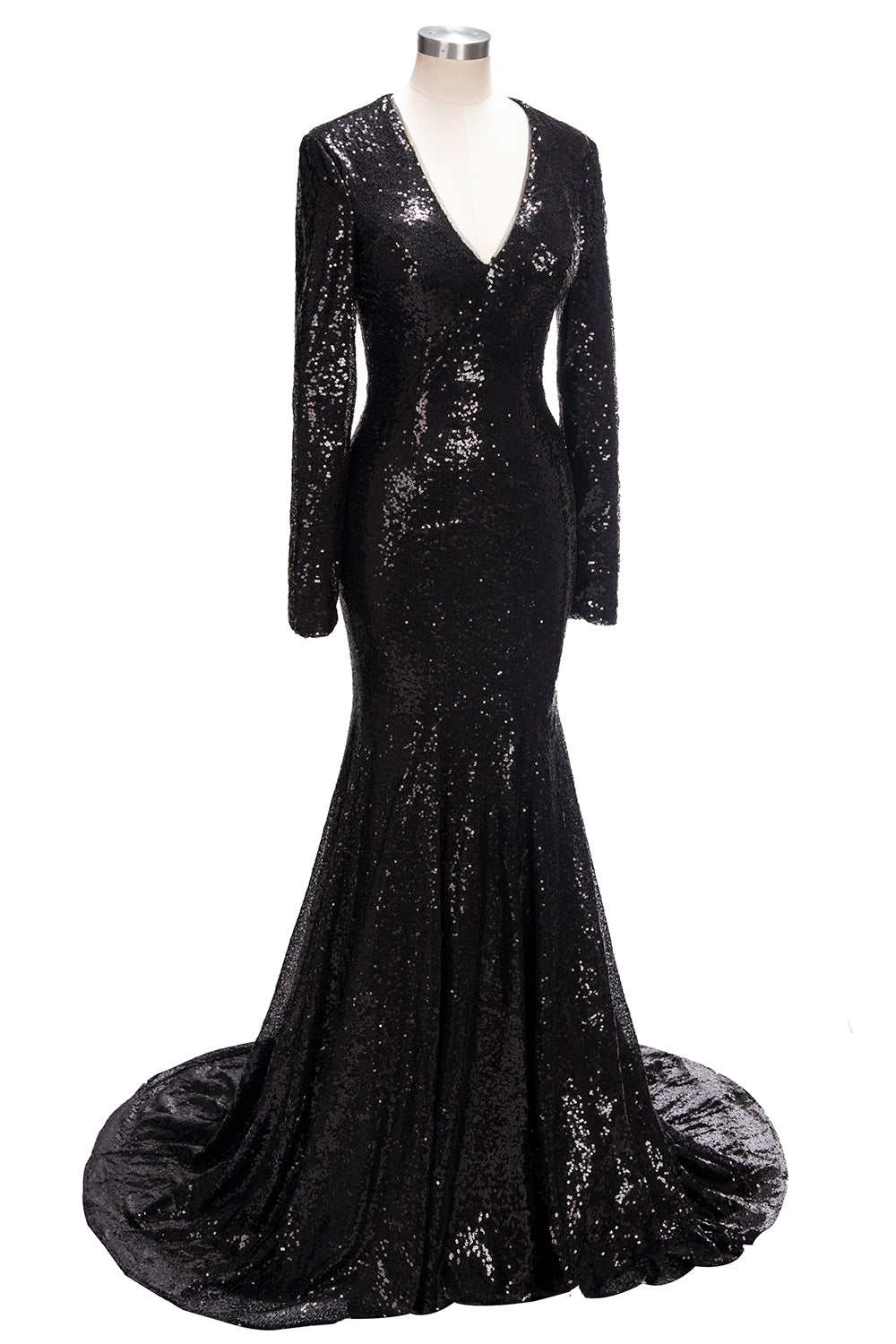 Robe de bal sirène longue à col en V et sequins noirs, manches longues