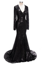 Robe de bal sirène longue à col en V et sequins noirs, manches longues