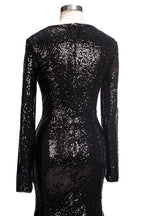 Robe de bal sirène longue à col en V et sequins noirs, manches longues