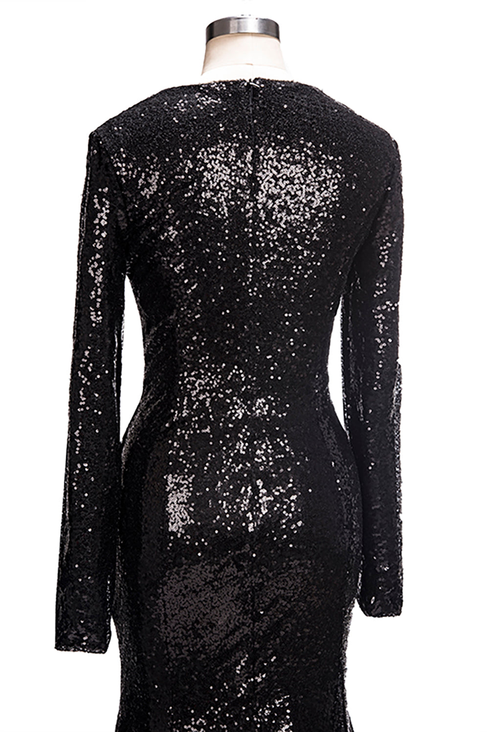 Robe de bal sirène longue à col en V et sequins noirs, manches longues