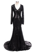 Robe de bal sirène longue à col en V et sequins noirs, manches longues