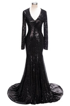 Robe de bal sirène longue à col en V et sequins noirs, manches longues