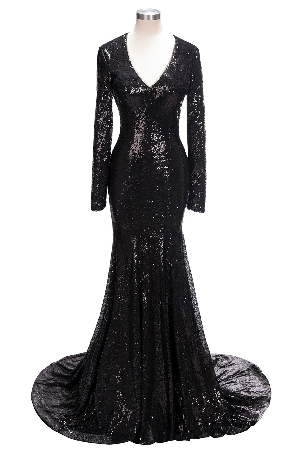 Robe de bal sirène longue à col en V et sequins noirs, manches longues