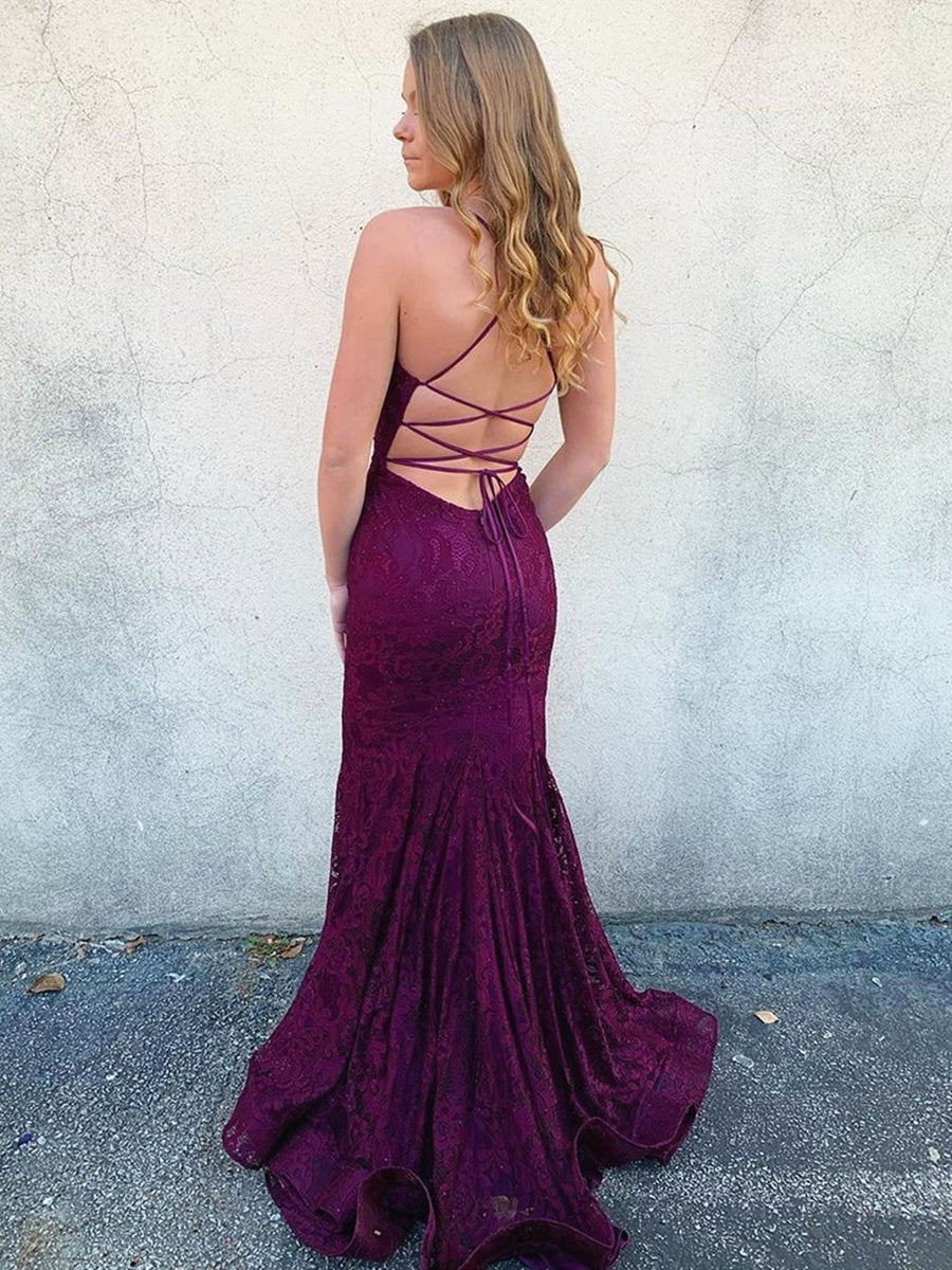 Robe de bal de fin d'études longue sirène en dentelle dos nu et col en V