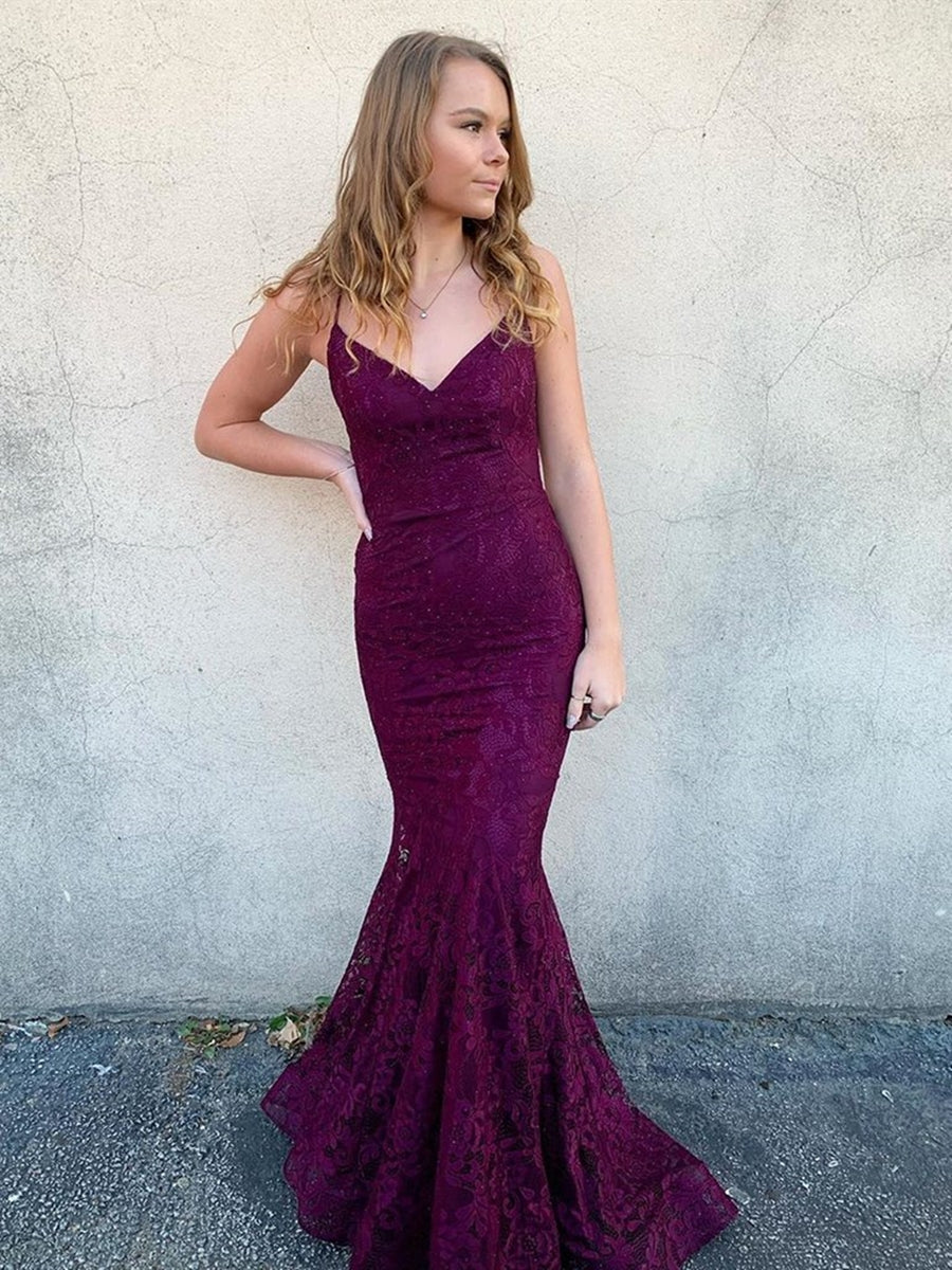 Robe de bal de fin d'études longue sirène en dentelle dos nu et col en V