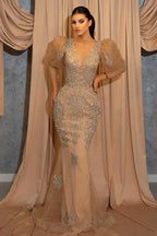 Long Mermaid V-neck Lace Prom Dress with Short Puffy Sleeves