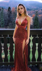 Robe de bal sirène longue à sequins, col en V et fente