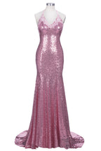Robe de bal longue sirène rose à sequins, dos nu et décolleté en V, bretelles spaghetti et fines bretelles.