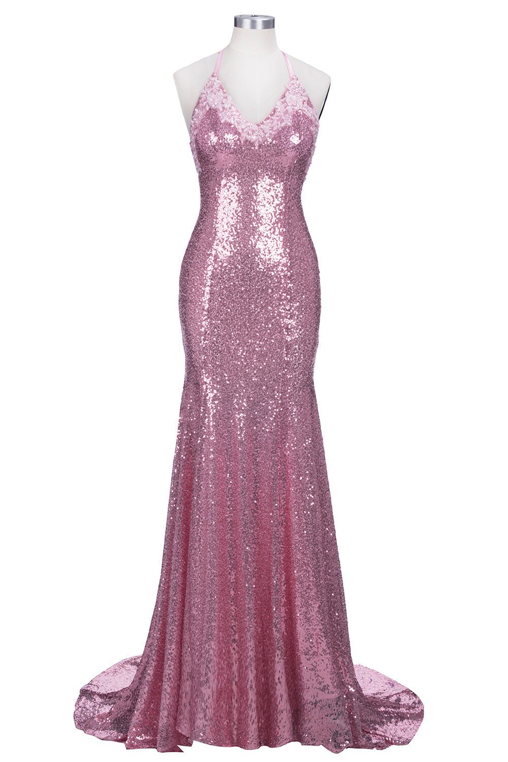 Robe de bal longue sirène rose à sequins, dos nu et décolleté en V, bretelles spaghetti et fines bretelles.