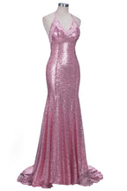 Robe de bal longue sirène rose à sequins, dos nu et décolleté en V, bretelles spaghetti et fines bretelles.