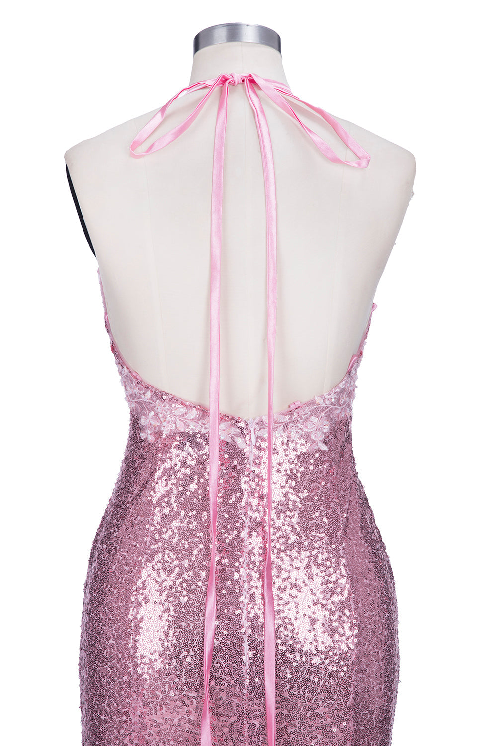 Robe de bal longue sirène rose à sequins, dos nu et décolleté en V, bretelles spaghetti et fines bretelles.