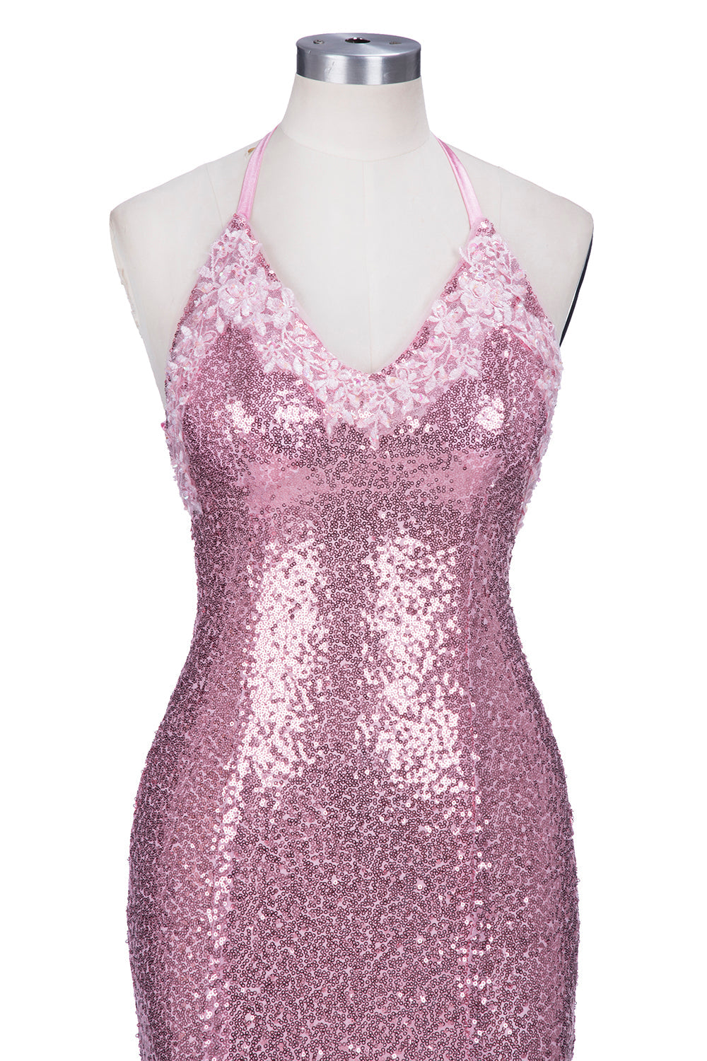 Robe de bal longue sirène rose à sequins, dos nu et décolleté en V, bretelles spaghetti et fines bretelles.
