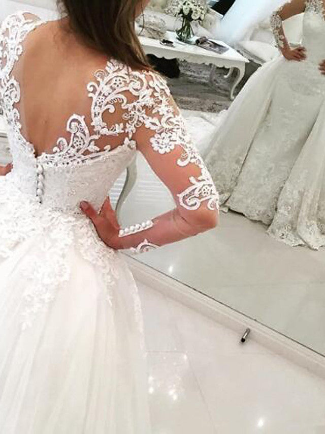 Robe de mariée sirène longue en tulle et dentelle, col en V, traîne balayée et manches