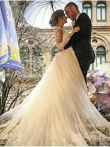 Vestidos de novia largos de sirena con escote en V, cola de cepillo, encaje y tul, con mangas y encaje.