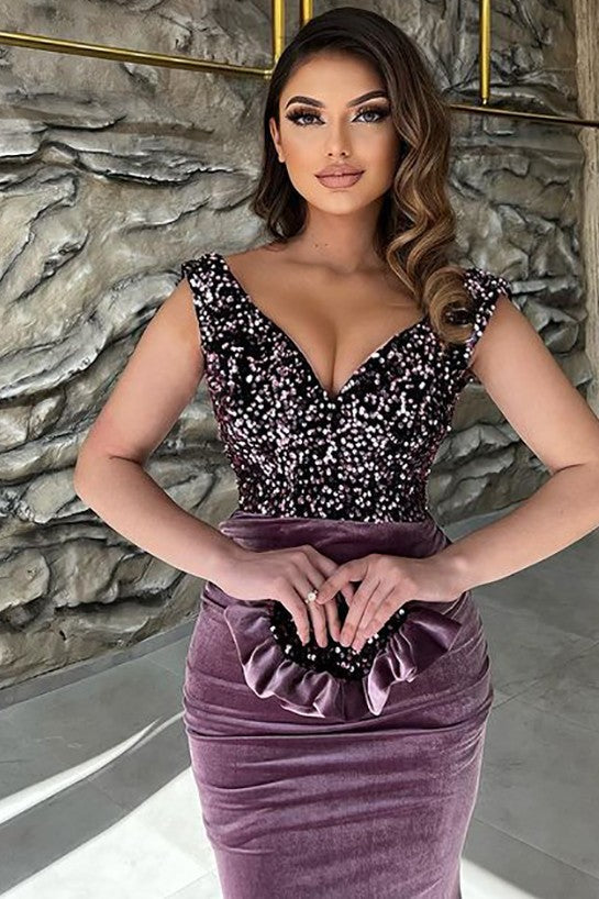 Robe de bal longue sirène en velours à col V et paillettes