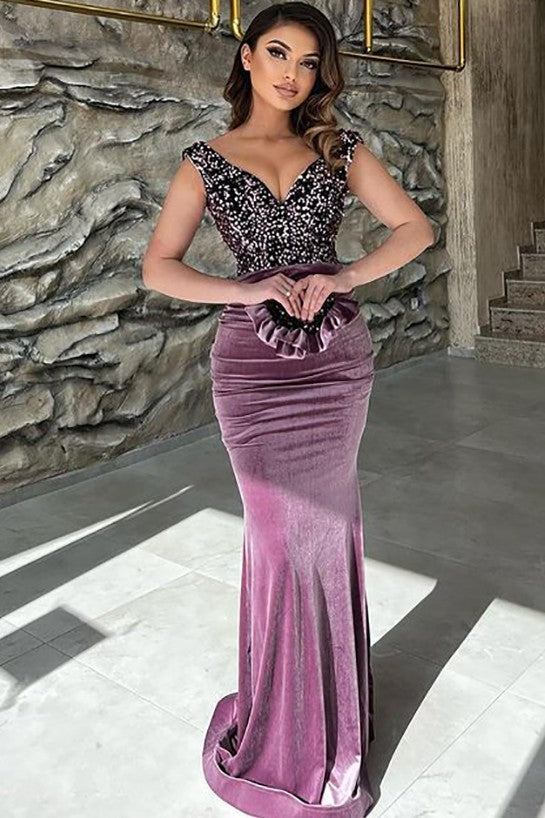 Robe de bal longue sirène en velours à col V et paillettes