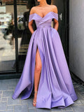 Robe de bal de fin d'études longue en satin, coupe trapèze, épaules dénudées, fente sur le devant et poches