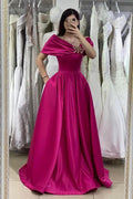 Robe de bal longue en satin, coupe trapèze, épaules dénudées et poches