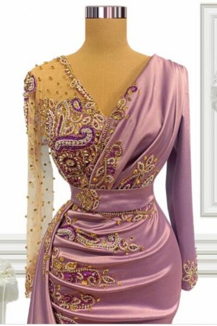 Robe de bal sirène longue rose à perles et manches