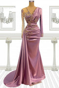 Robe de bal sirène longue rose à perles et manches