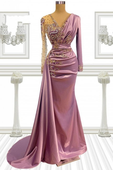 Robe de bal sirène longue rose à perles et manches