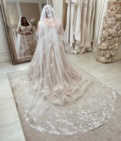 Vestidos de novia largos de talla grande, corte A, escote corazón, tul y mangas de encaje