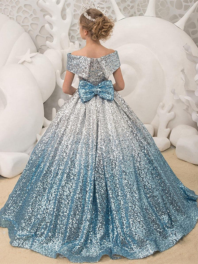 Vestido largo de princesa con lentejuelas, hombros descubiertos, ideal para bodas, fiestas y niñas de las flores.