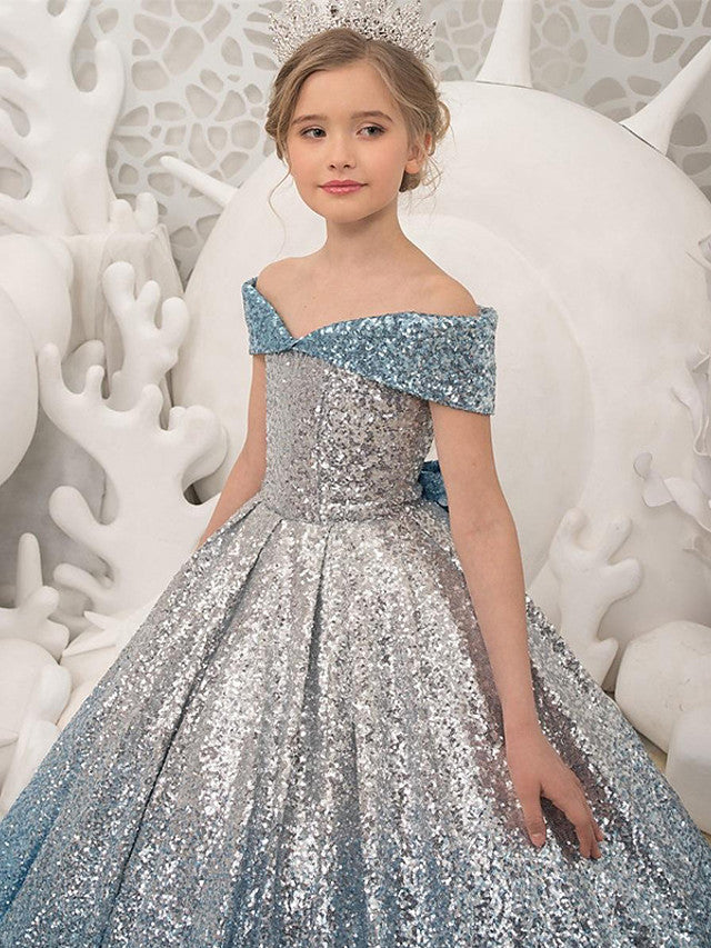 Vestido largo de princesa con lentejuelas, hombros descubiertos, ideal para bodas, fiestas y niñas de las flores.