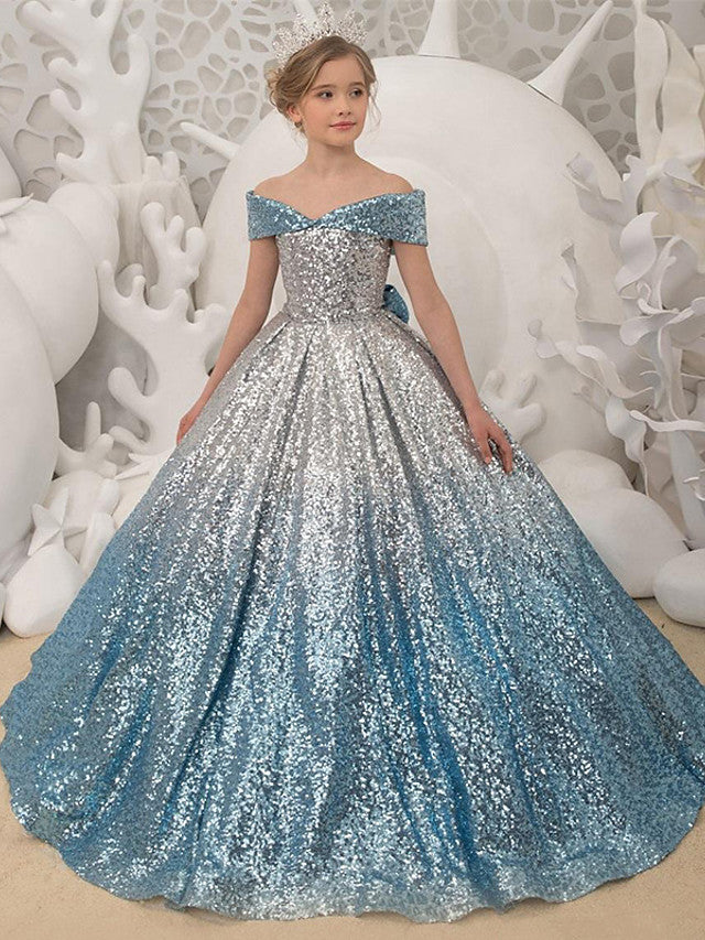 Vestido largo de princesa con lentejuelas, hombros descubiertos, ideal para bodas, fiestas y niñas de las flores.