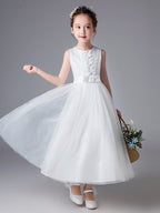 Robes longues de princesse en tulle à col bijou pour mariage, première communion et demoiselle d'honneur
