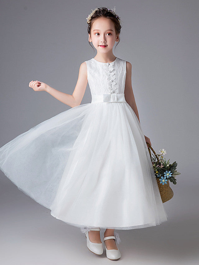 Vestidos largos de princesa con cuello joya de tul para bodas, primera comunión y niñas de las flores