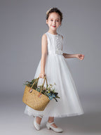 Robes longues de princesse en tulle à col bijou pour mariage, première communion et demoiselle d'honneur