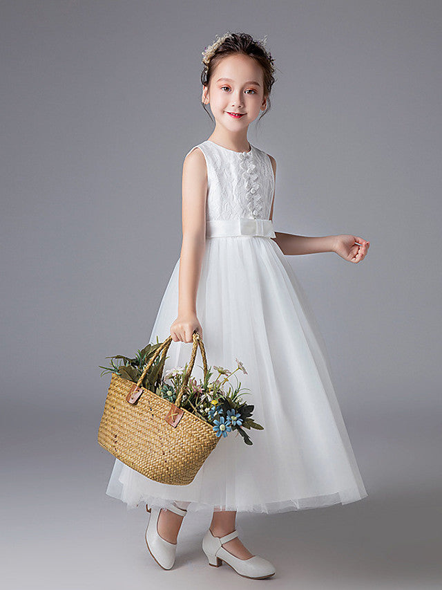 Vestidos largos de princesa con cuello joya de tul para bodas, primera comunión y niñas de las flores