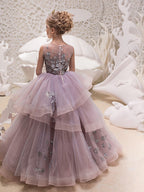Vestidos largos de princesa con encaje, organza y tul, cuello joya, ideales para fiestas, cumpleaños, concursos y damitas de honor.