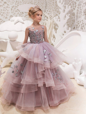 Vestidos largos de princesa con encaje, organza y tul, cuello joya, ideales para fiestas, cumpleaños, concursos y damitas de honor.