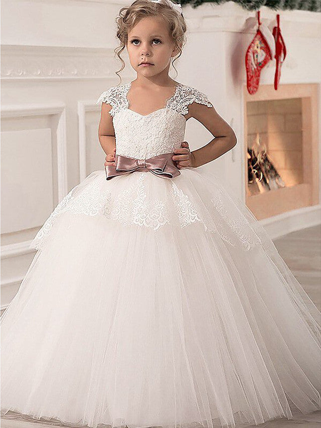 Vestidos largos de niña de las flores de encaje de princesa, satén y tul