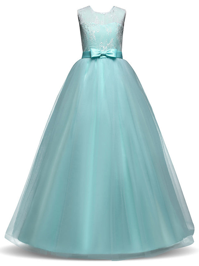 Vestidos largos de princesa con encaje, tul y cuello joya para fiestas, cumpleaños, concursos y niñas de las flores