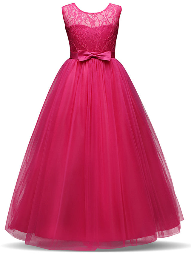 Vestidos largos de princesa con encaje, tul y cuello joya para fiestas, cumpleaños, concursos y niñas de las flores