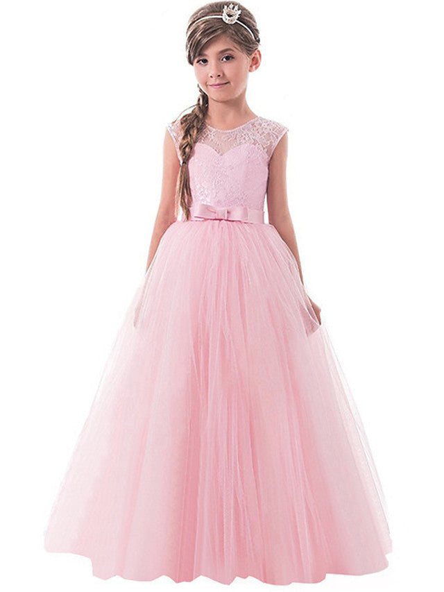 Vestidos largos de princesa con encaje, tul y cuello joya para fiestas, cumpleaños, concursos y niñas de las flores