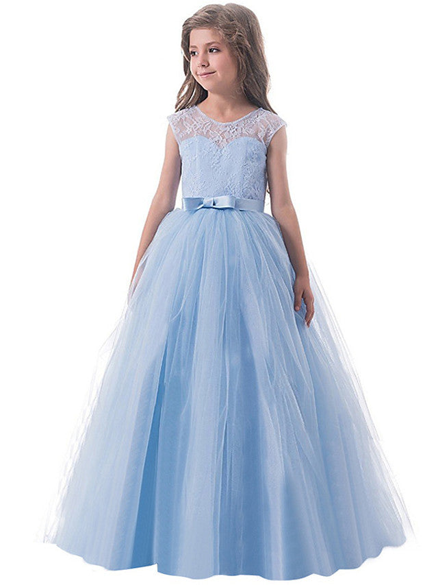 Vestidos largos de princesa con encaje, tul y cuello joya para fiestas, cumpleaños, concursos y niñas de las flores