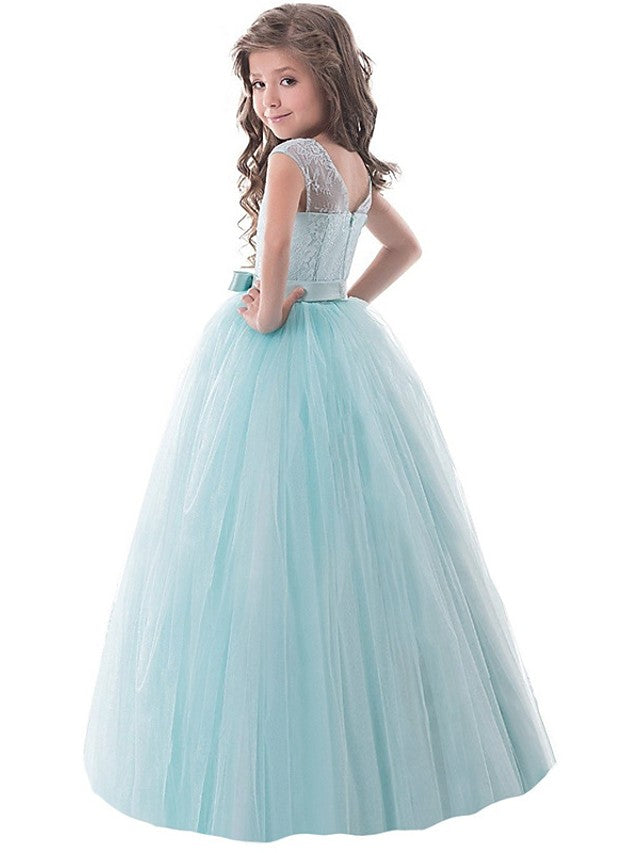 Vestidos largos de princesa con encaje, tul y cuello joya para fiestas, cumpleaños, concursos y niñas de las flores