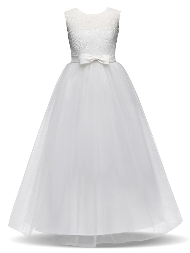 Vestidos largos de princesa con encaje, tul y cuello joya para fiestas, cumpleaños, concursos y niñas de las flores
