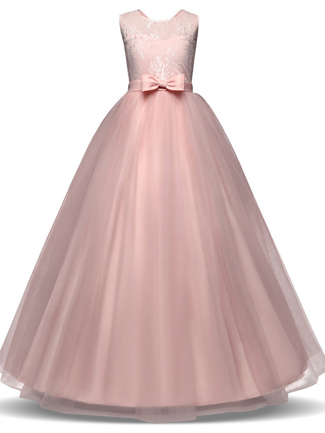 Vestidos largos de princesa con encaje, tul y cuello joya para fiestas, cumpleaños, concursos y niñas de las flores