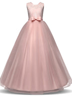 Vestidos largos de princesa con encaje, tul y cuello joya para fiestas, cumpleaños, concursos y niñas de las flores