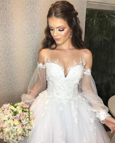 Vestido de novia largo de princesa, estilo princesa, de tul con hombros descubiertos y mangas abullonadas