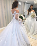 Vestido de novia largo de princesa, estilo princesa, de tul con hombros descubiertos y mangas abullonadas