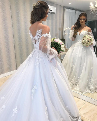 Vestido de novia largo de princesa, estilo princesa, de tul con hombros descubiertos y mangas abullonadas